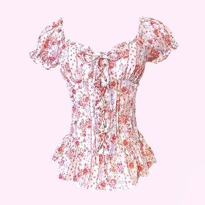 SOLD | Liz Lisa 🤍🎀 Ballet Pink Ribbon & Rose Pattern Milkmaid Corset Blouse